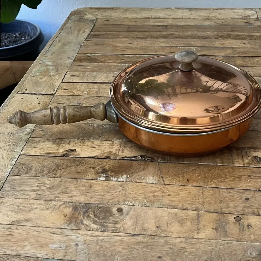 Vintage Copper Saute Pan Skillet with Lid Wood Handle